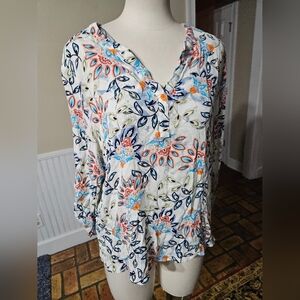 Daniel Rainn White Floral V-Neck Long Sleeve Blouse with Blue and Coral Print